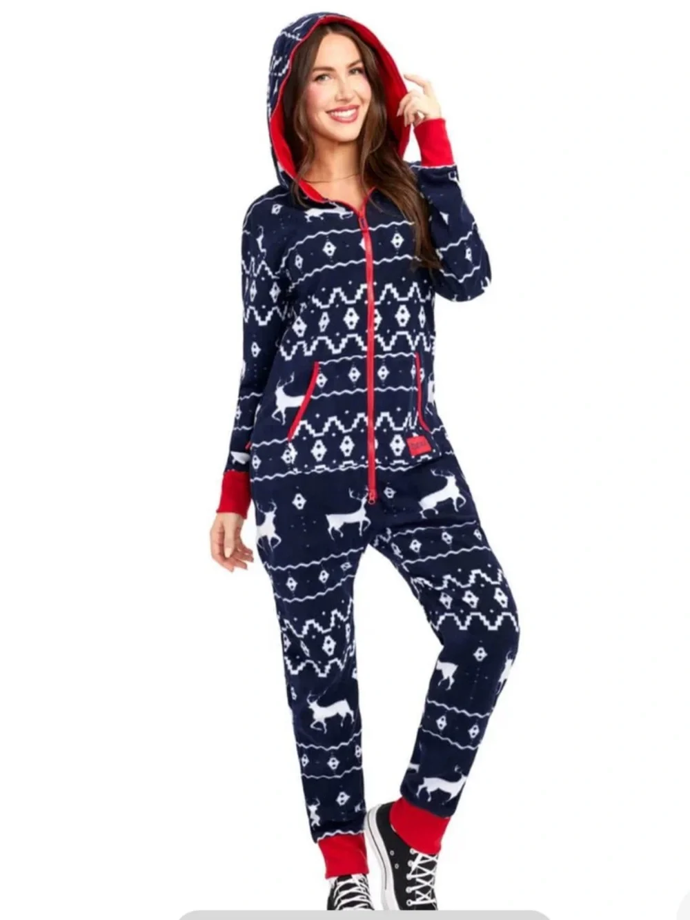 Tipsy Elves Unisex Blue Reindeer Fair Isle Hooded Jumpsuit Size Medium - Picture 2 of 8